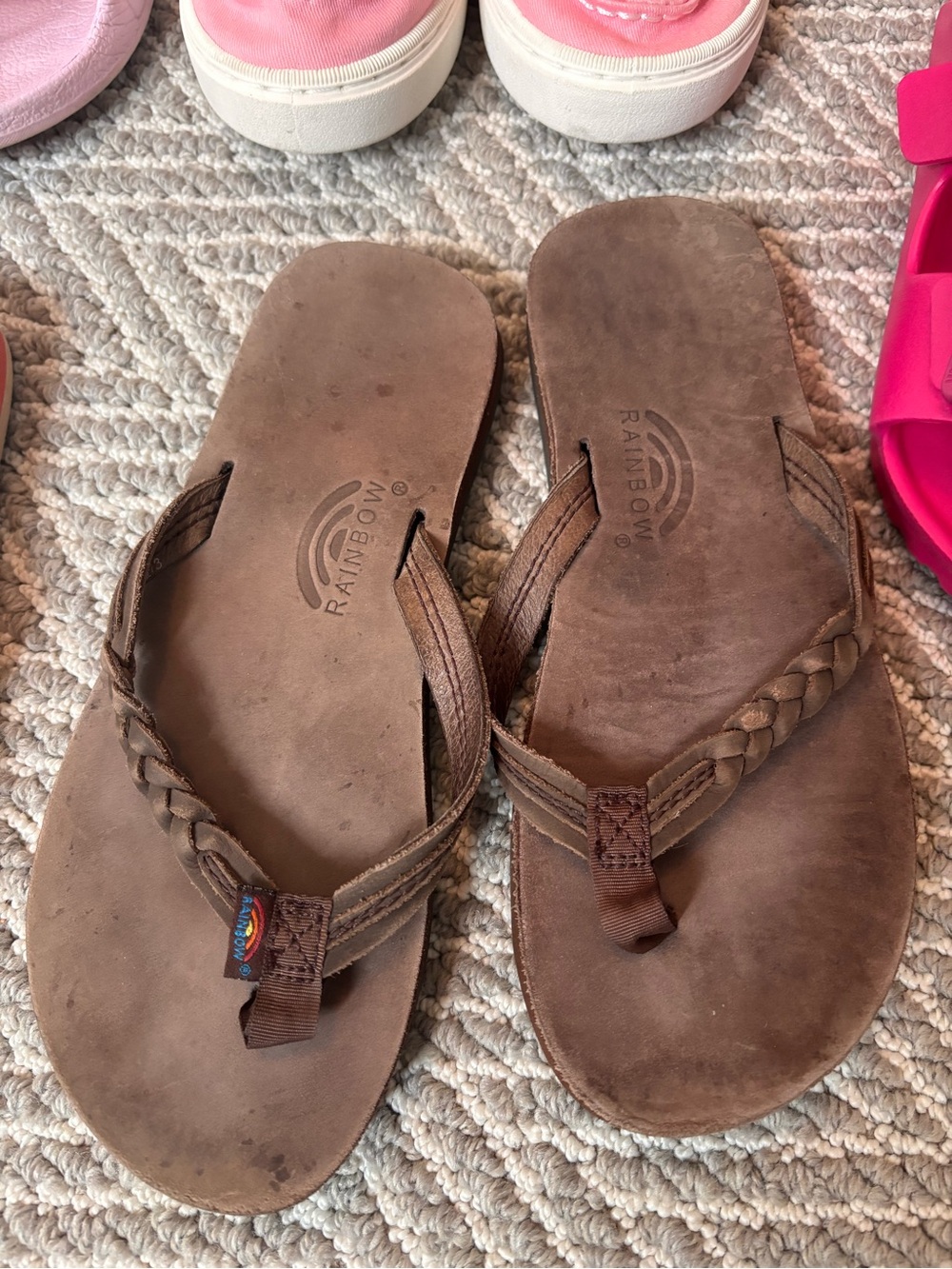 Rainbow Girls Brown Braided Leather Flip Flops